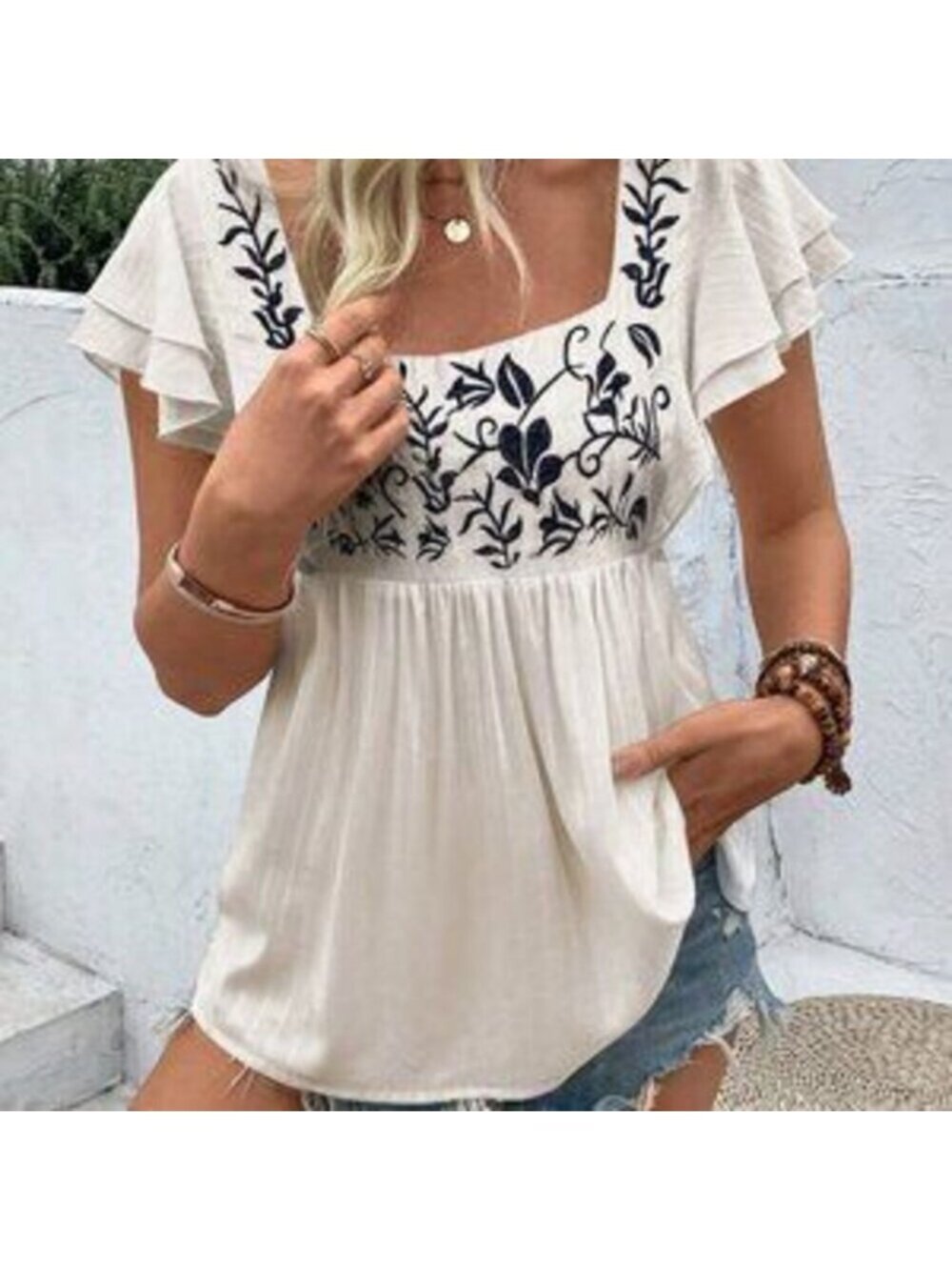 Apricot Boho Women's Square Neck Embroidered Short Sleeve Shirt Peplum Top - Picture 3 of 5
